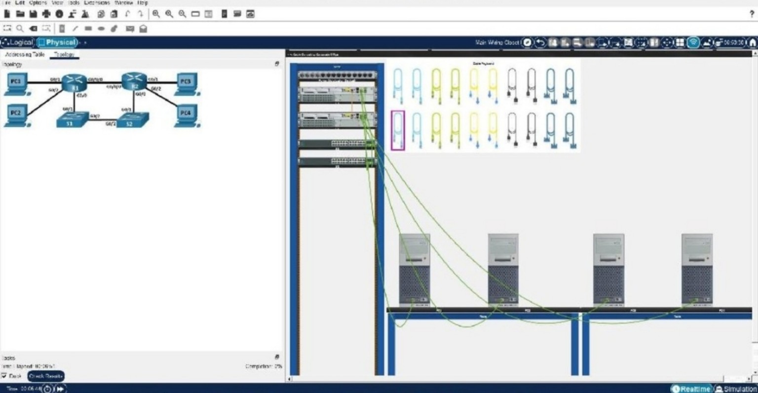 Vue physique Cisco Packet Tracer avec baie réseau, câblage et postes informatiques